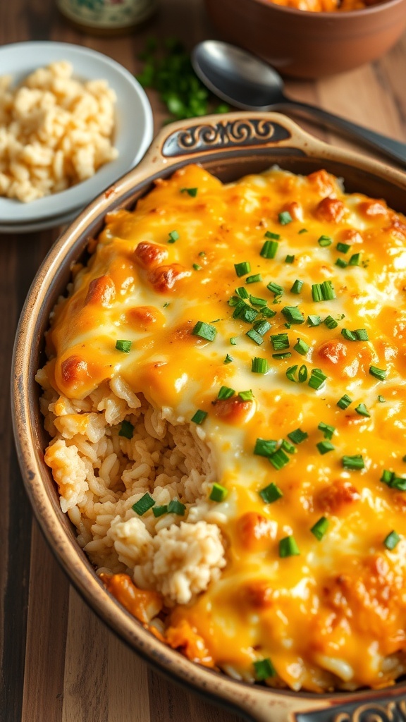 Cheesy Chicken and Rice Casserole Recipe Cheesy chicken and rice casserole in a baking dish, garnished with parsley, on a wooden table.